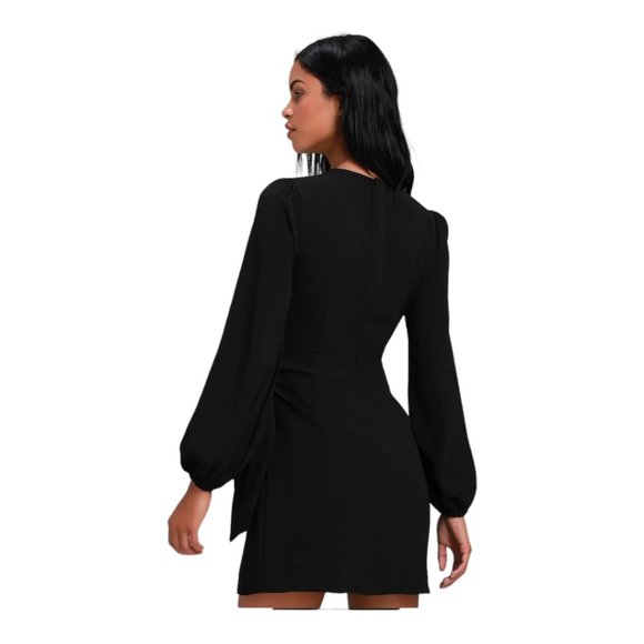 Lulu's Small Believe It Or Not Small Black Long Sleeve Tie Front Skater Dress … - Picture 3 of 9